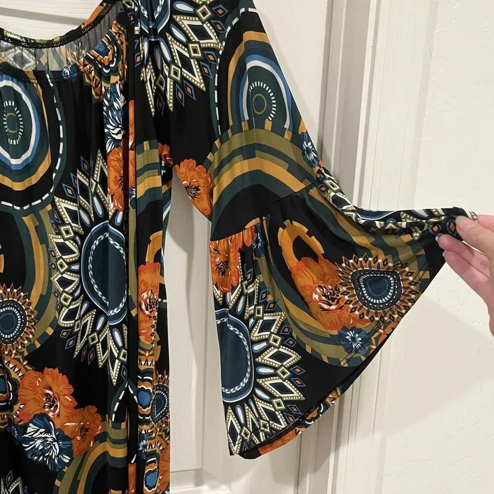 Womens Sz S Floral Off Shoulder Tunic Top / Dress Bell Sleeves Stretch Halloween - Picture 4 of 10